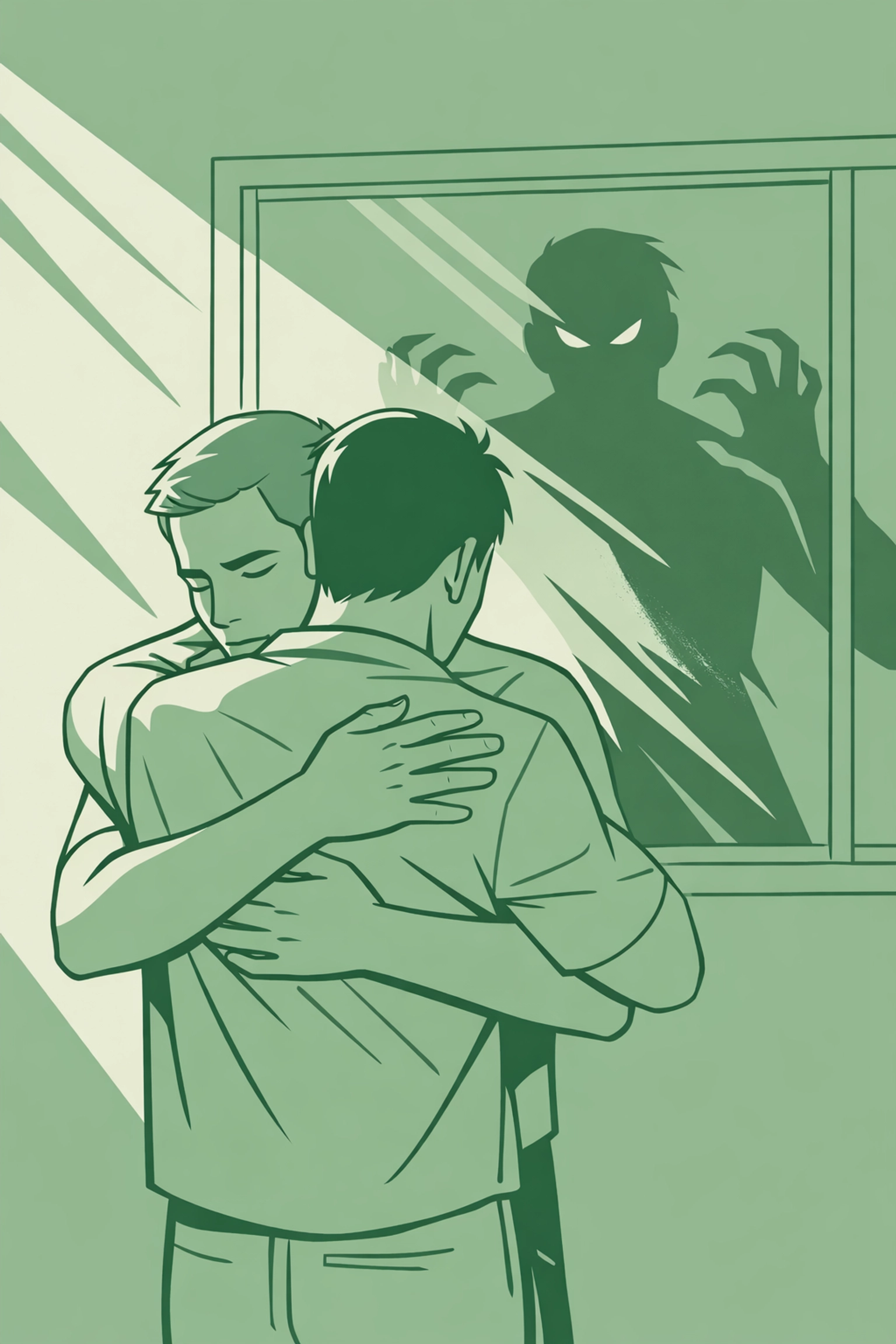 Two men embracing with menacing shadow reflection - psychological gay thriller explores love and danger