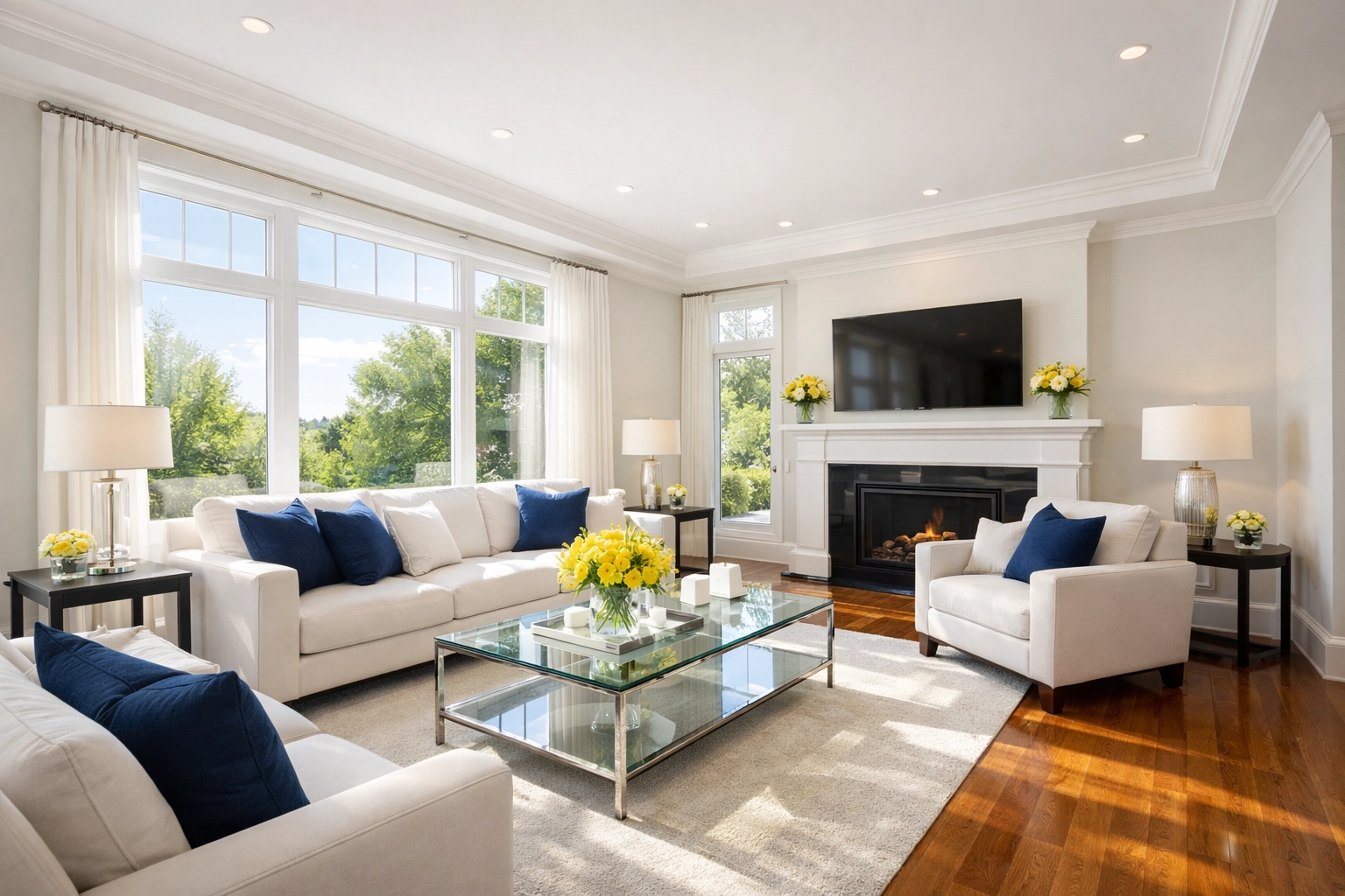 Sun-drenched living room with dust-free surfaces after deep cleaning Leominster MA for better air quality.