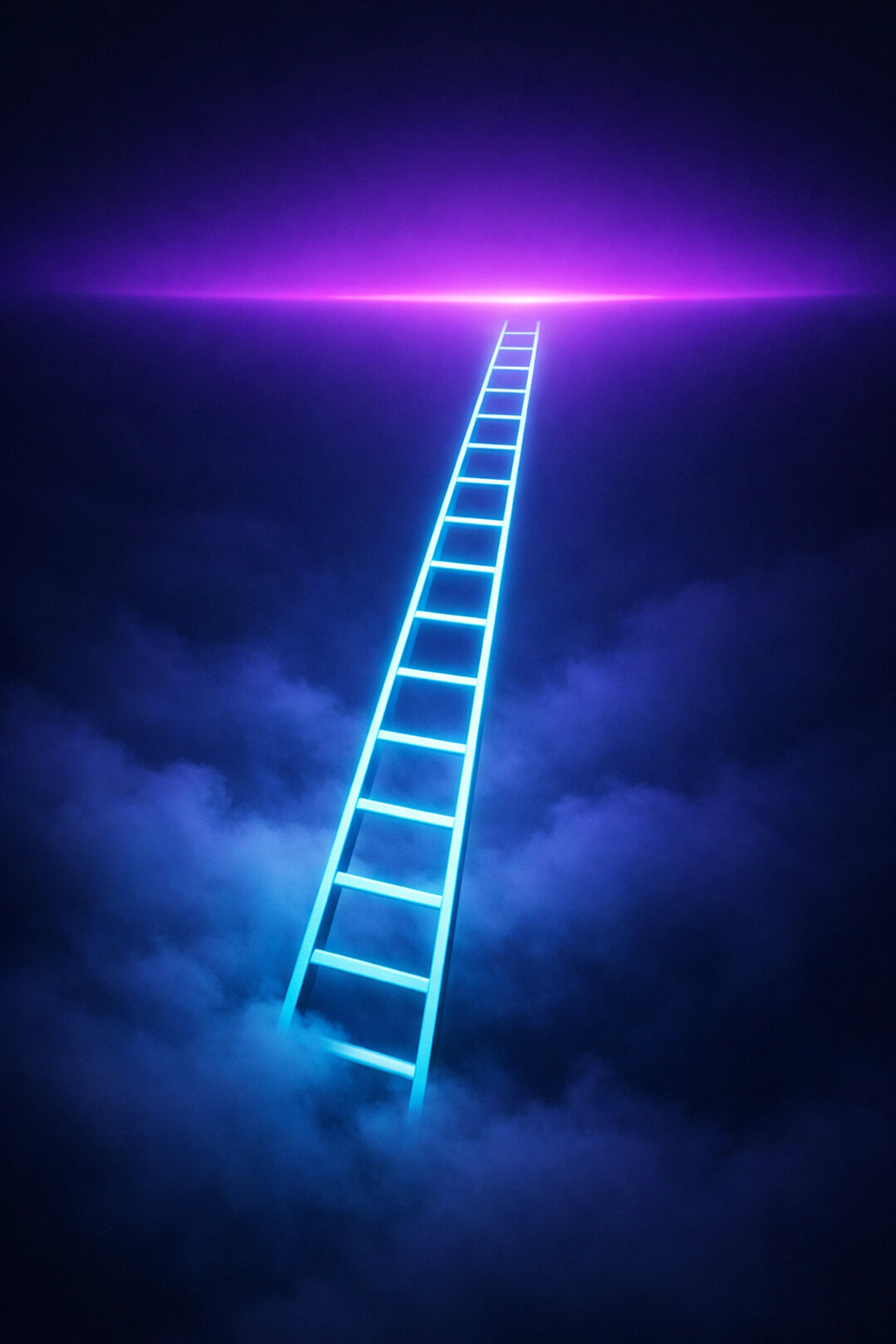 Glowing neon ladder rising through mist, symbolizing business scaling and AI automation growth.