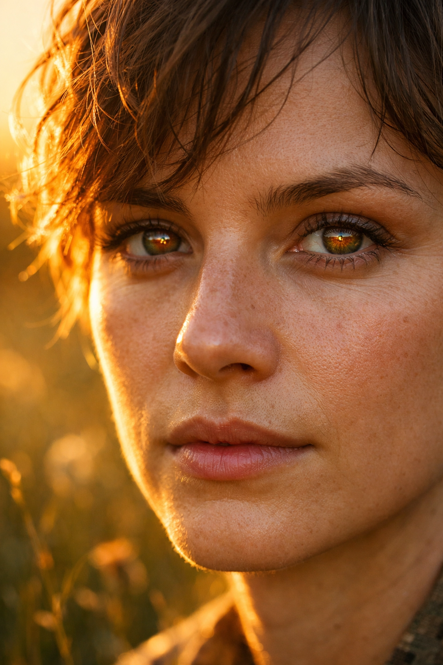 Close-up golden hour portrait with natural lighting and a distinct catchlight in the subject's eyes.