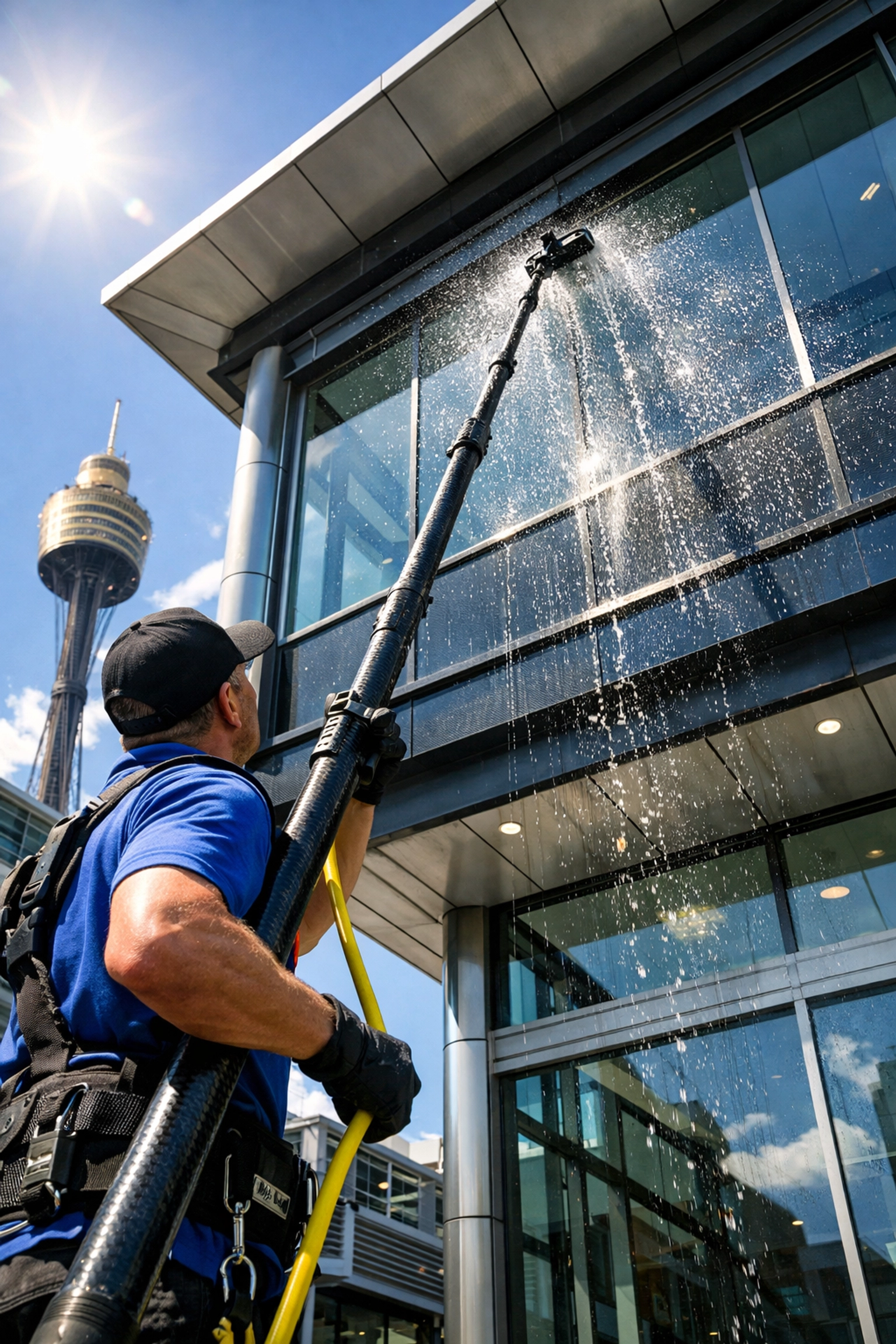 Professional cleaners for businesses using a water-fed pole on high-reach commercial windows.