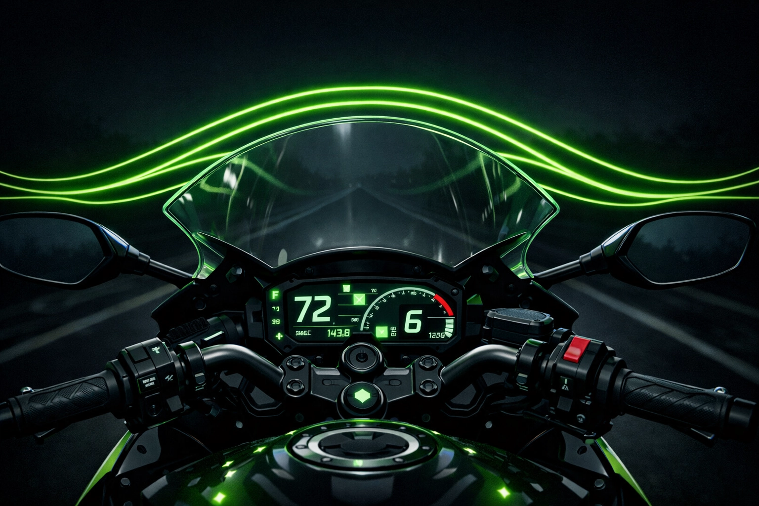 First-person view through a motorcycle windshield showing wind protection and visibility for used motorcycles.