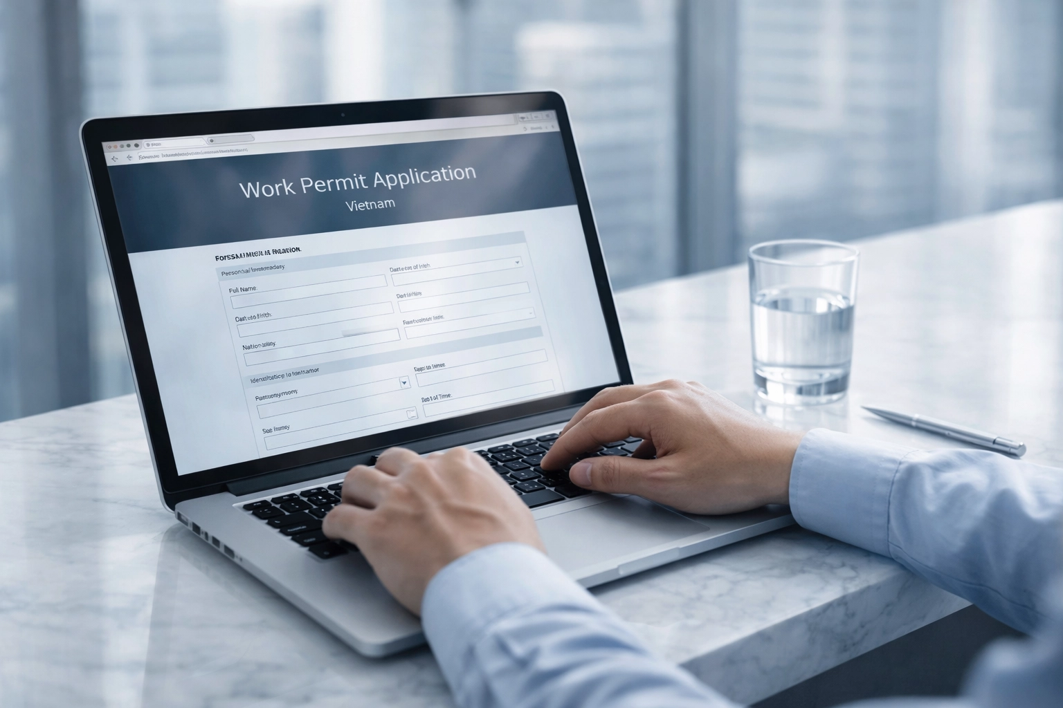 Digital work permit application filing on a laptop for Vietnam's National Public Service Portal compliance.