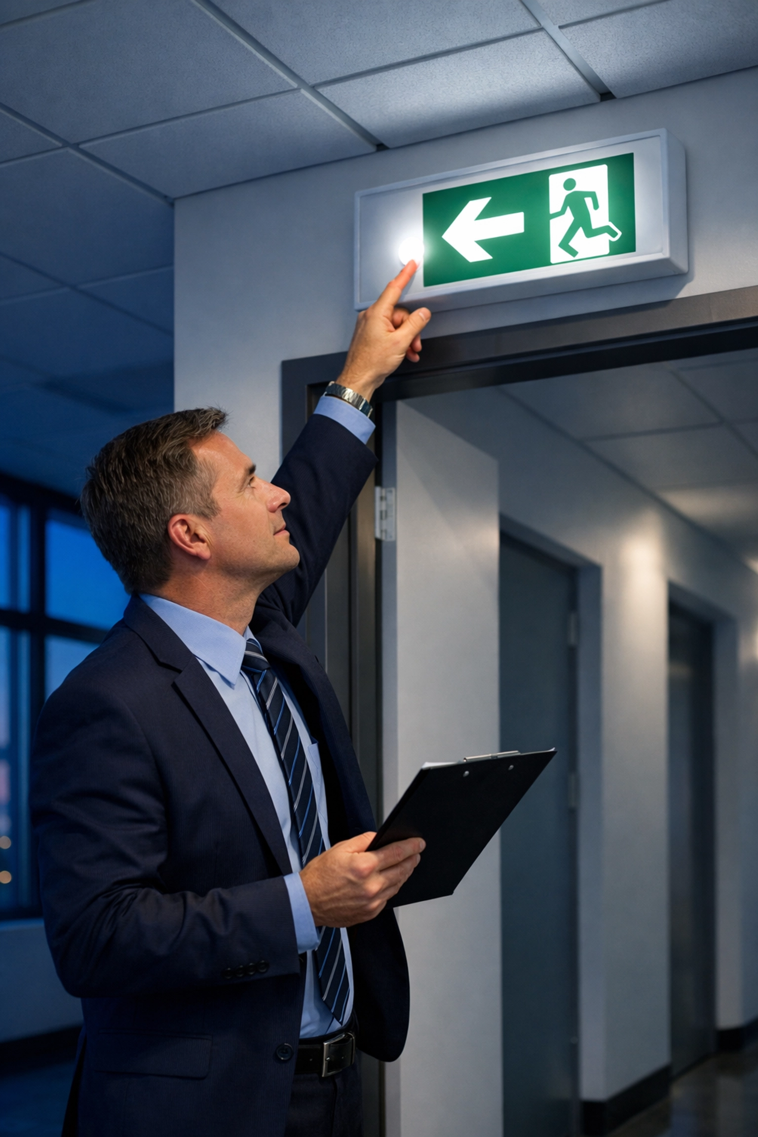 Property manager conducting monthly emergency lighting test in office corridor