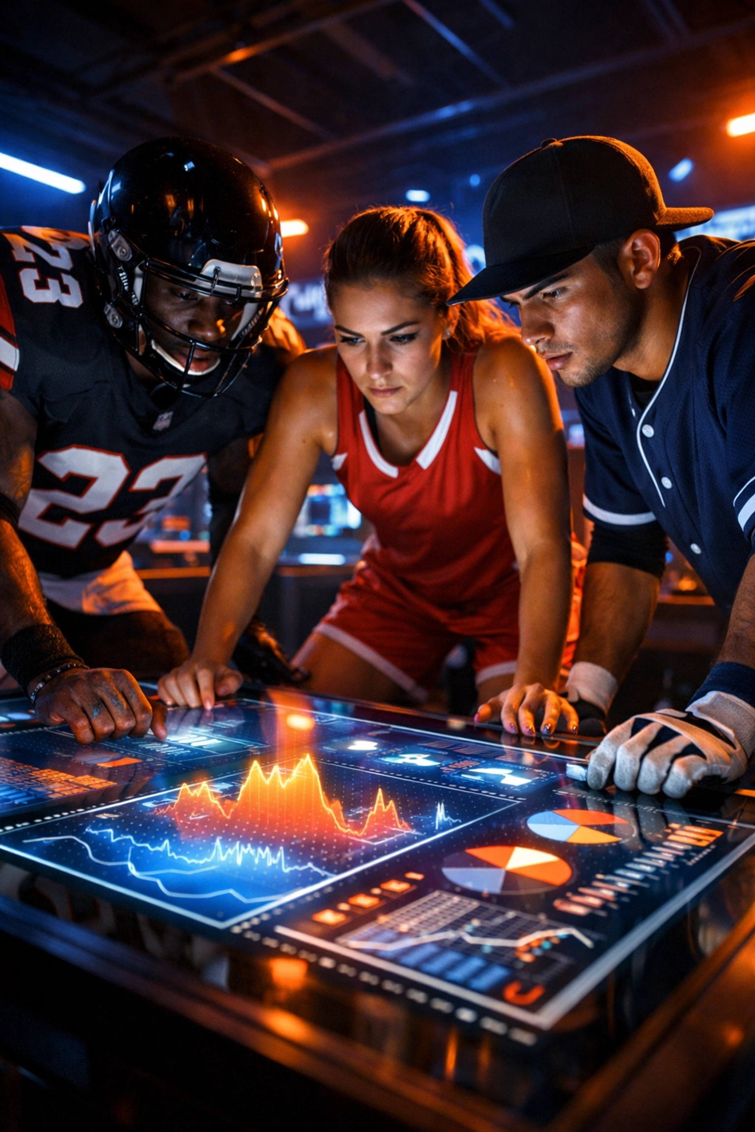 College athletes in a digital media studio analyzing real-time NIL social engagement data.
