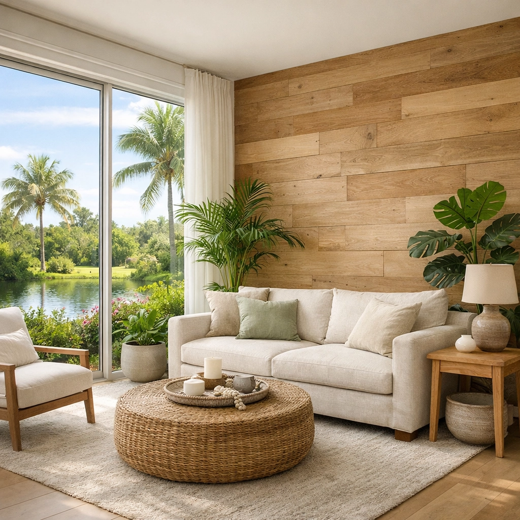 Eco-friendly living room with large energy-efficient windows highlighting sustainable green building in Orlando.