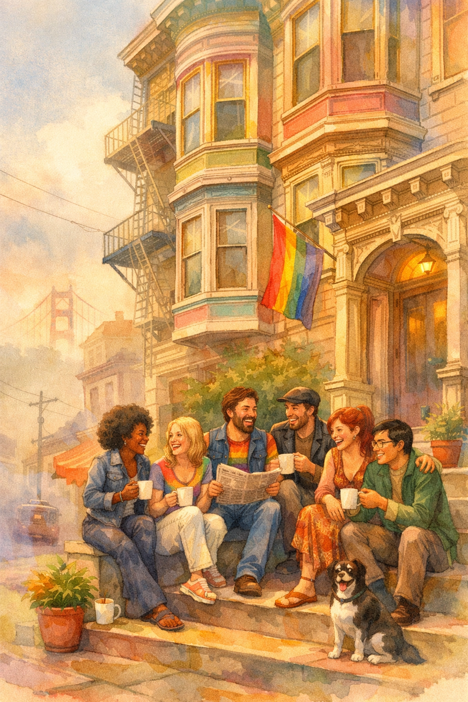 Tales of the City LGBTQ+ community gathering at Victorian San Francisco apartment building