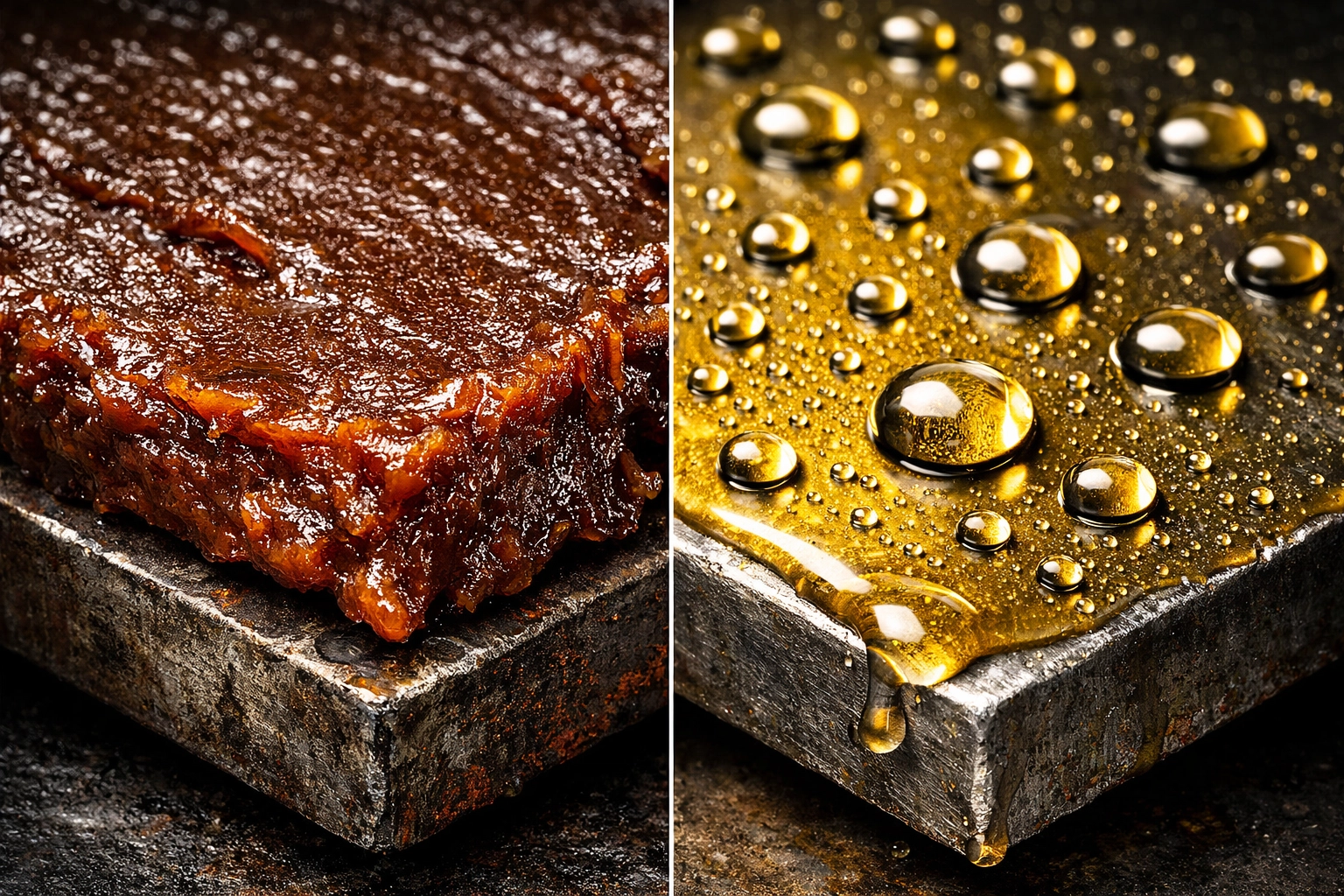 Comparison of thick Dinitrol wax and thin Lanoguard oil coatings for vehicle rust protection.