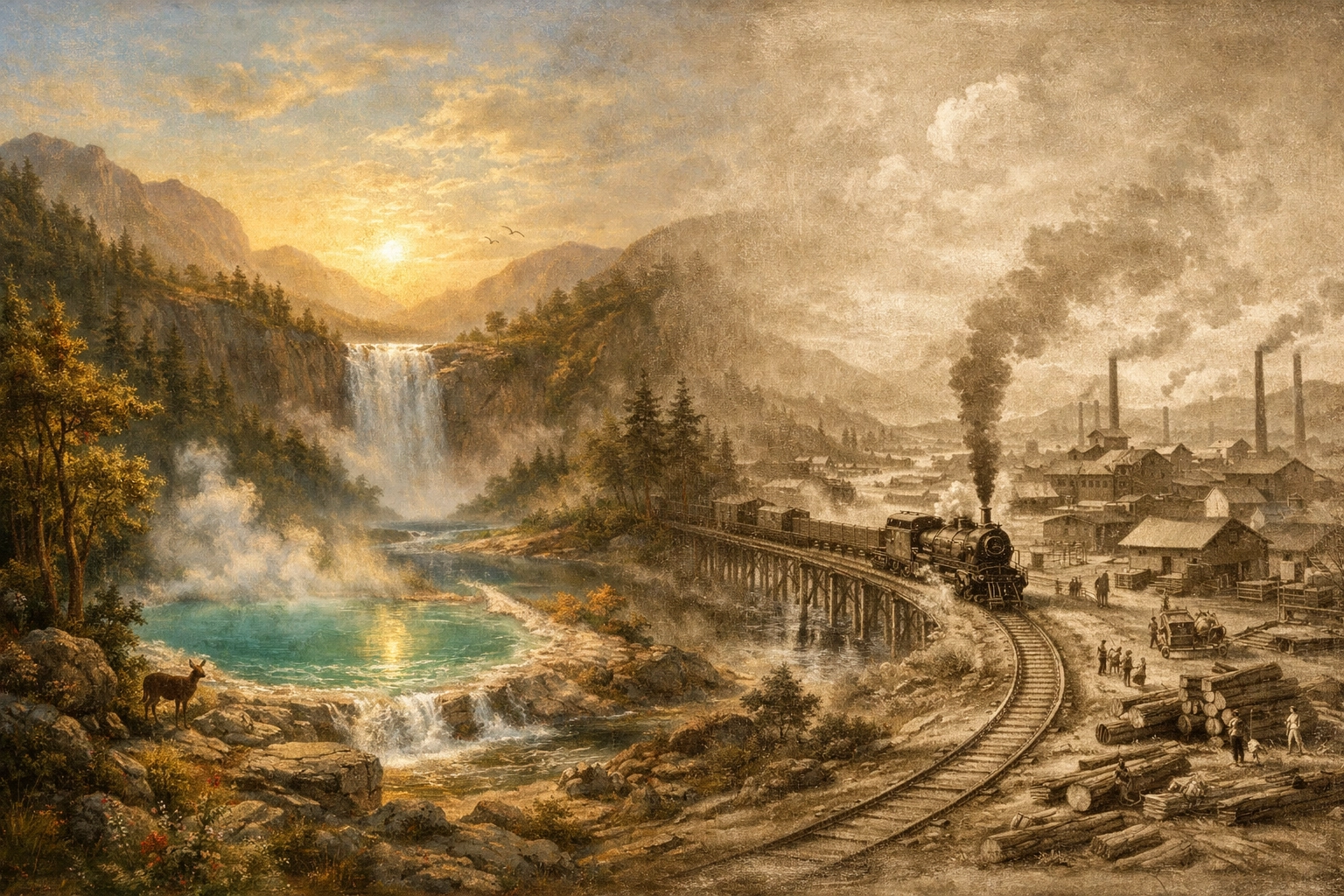 Painting contrasting 19th-century industrial expansion with the 1872 preservation of Yellowstone.
