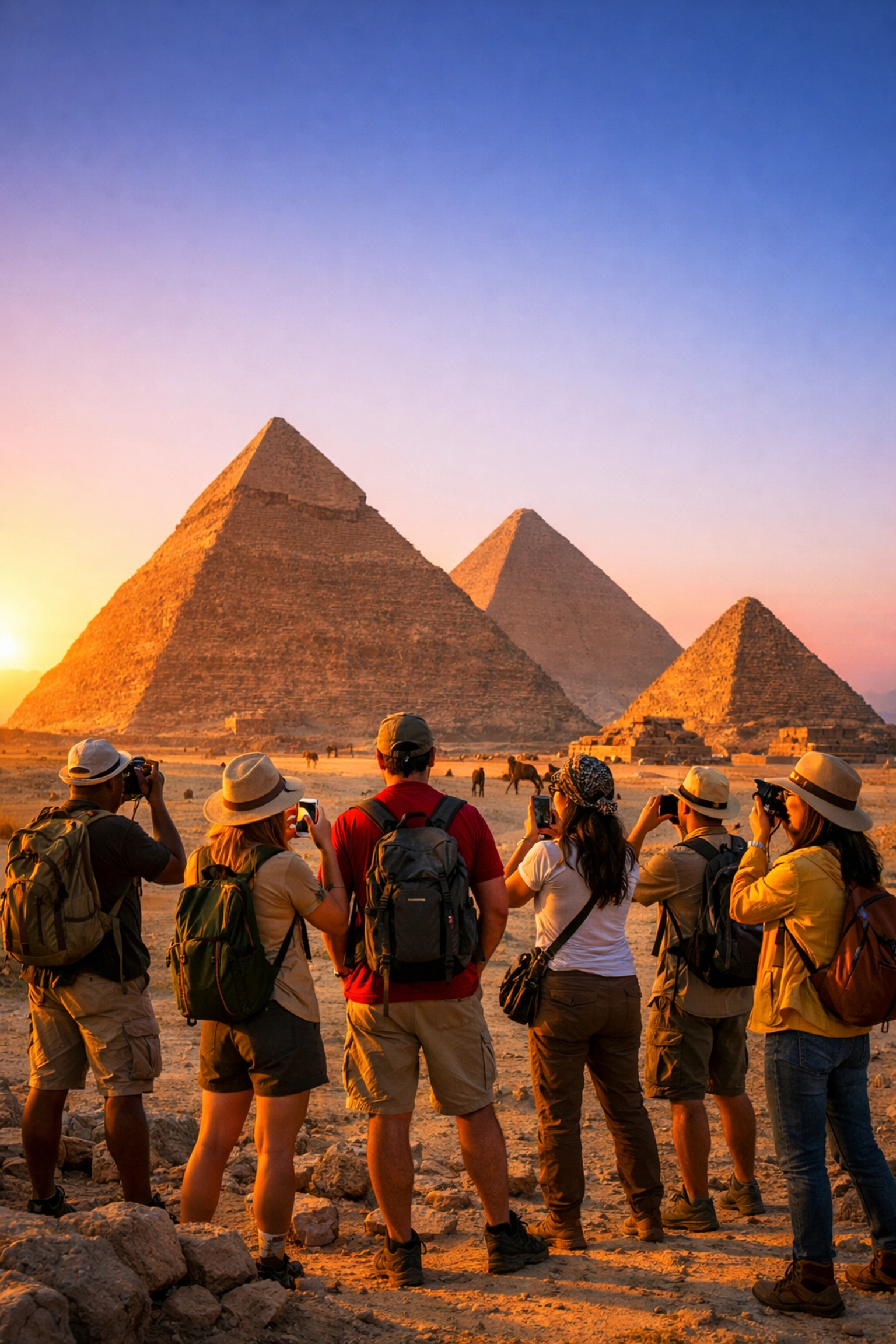 Tour group visiting the Great Pyramids of Giza at sunrise
