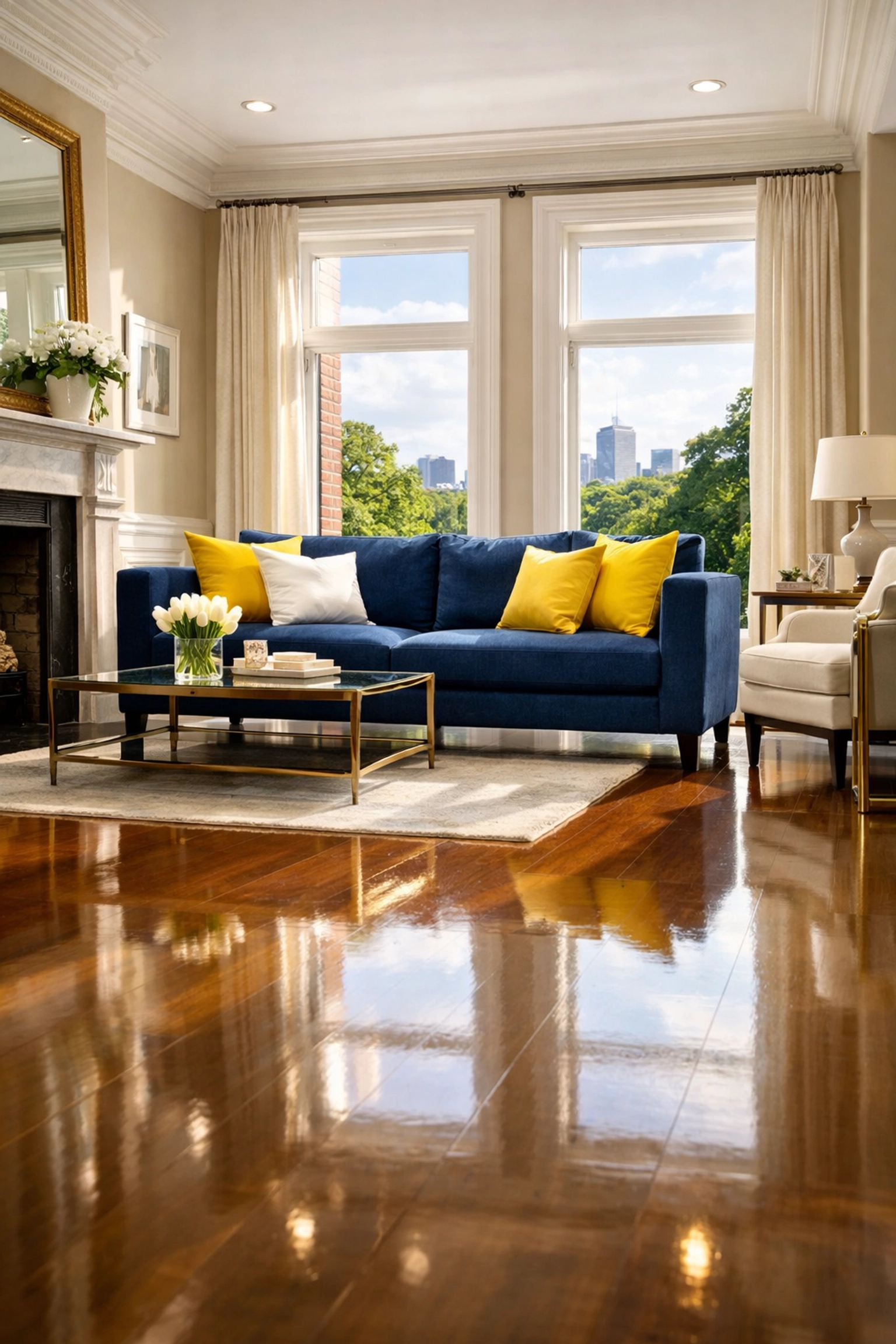A bright and spotless Boston living room achieved through professional apartment cleaning in Boston.