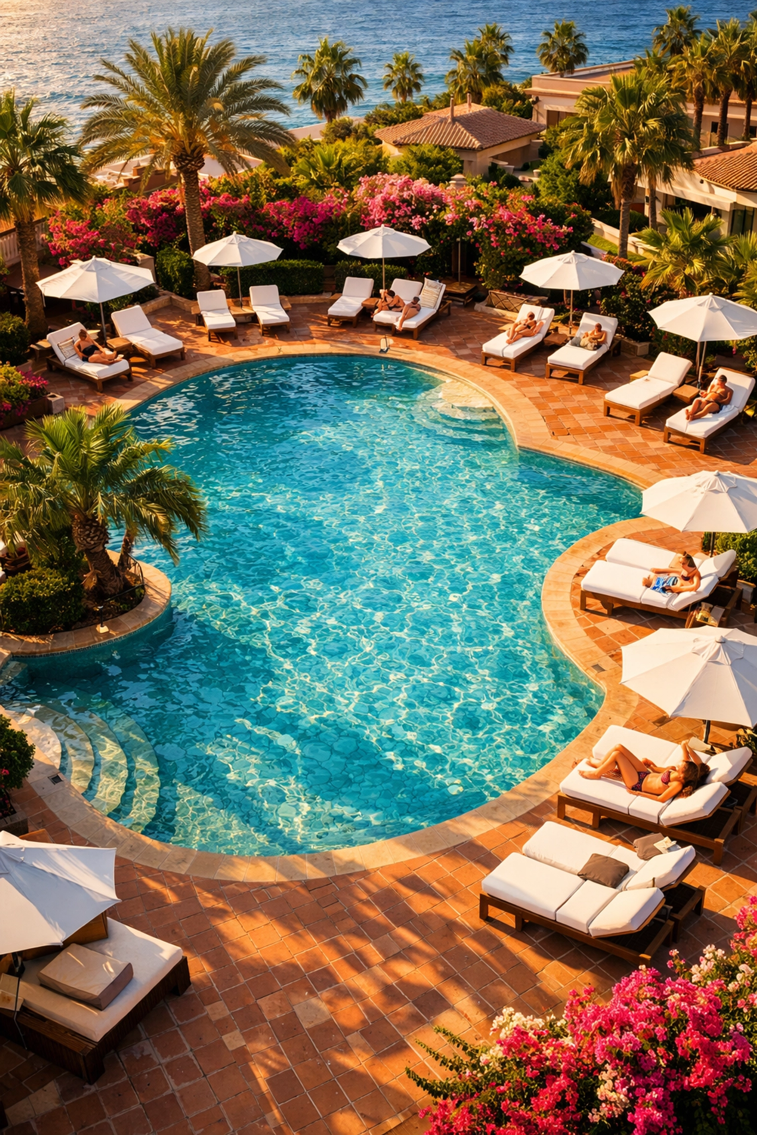 Uncrowded Mediterranean resort pool in September with pristine sunbeds and turquoise water