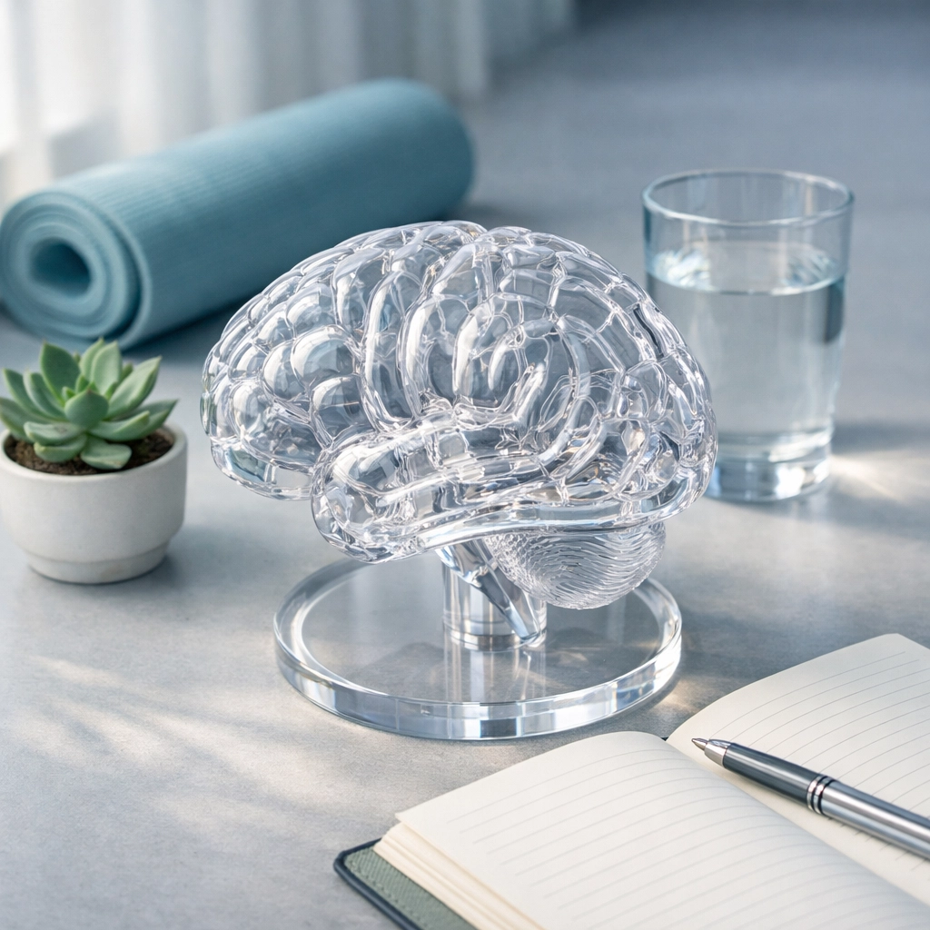 Brain model with holistic wellness elements showing integrated brain-based therapy approach