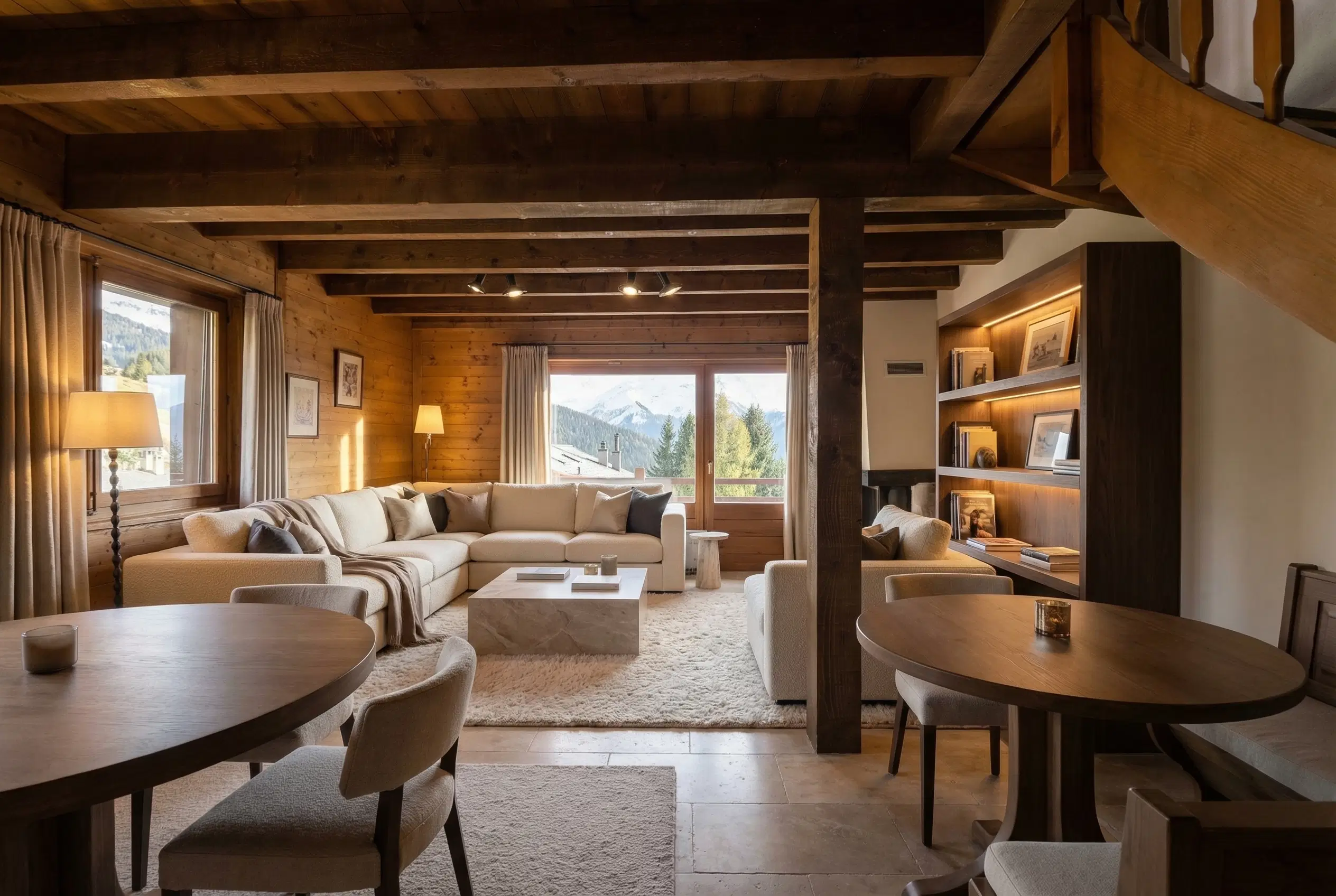 Spacious, elegantly appointed chalet living room with panoramic Alpine views