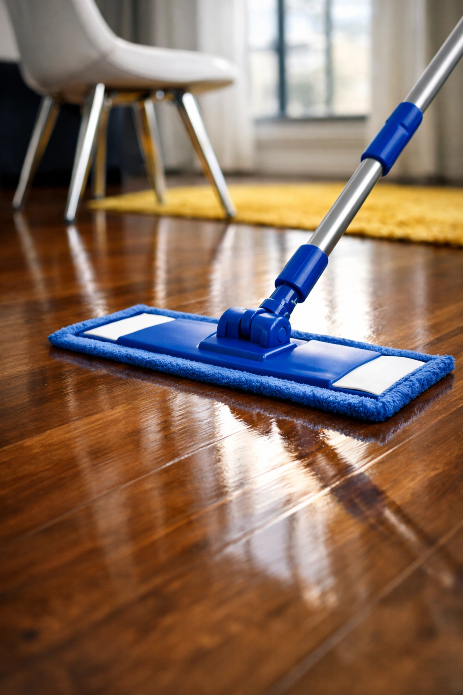 Professional microfiber mop cleaning hardwood floors in a deep cleaning Marlborough residential home.