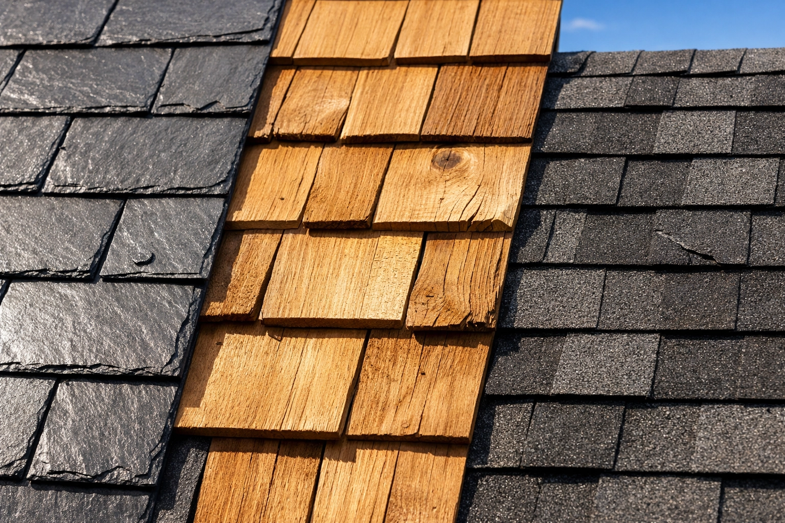 Comparison of slate, cedar shake, and asphalt shingles for professional roof moss removal and cleaning.