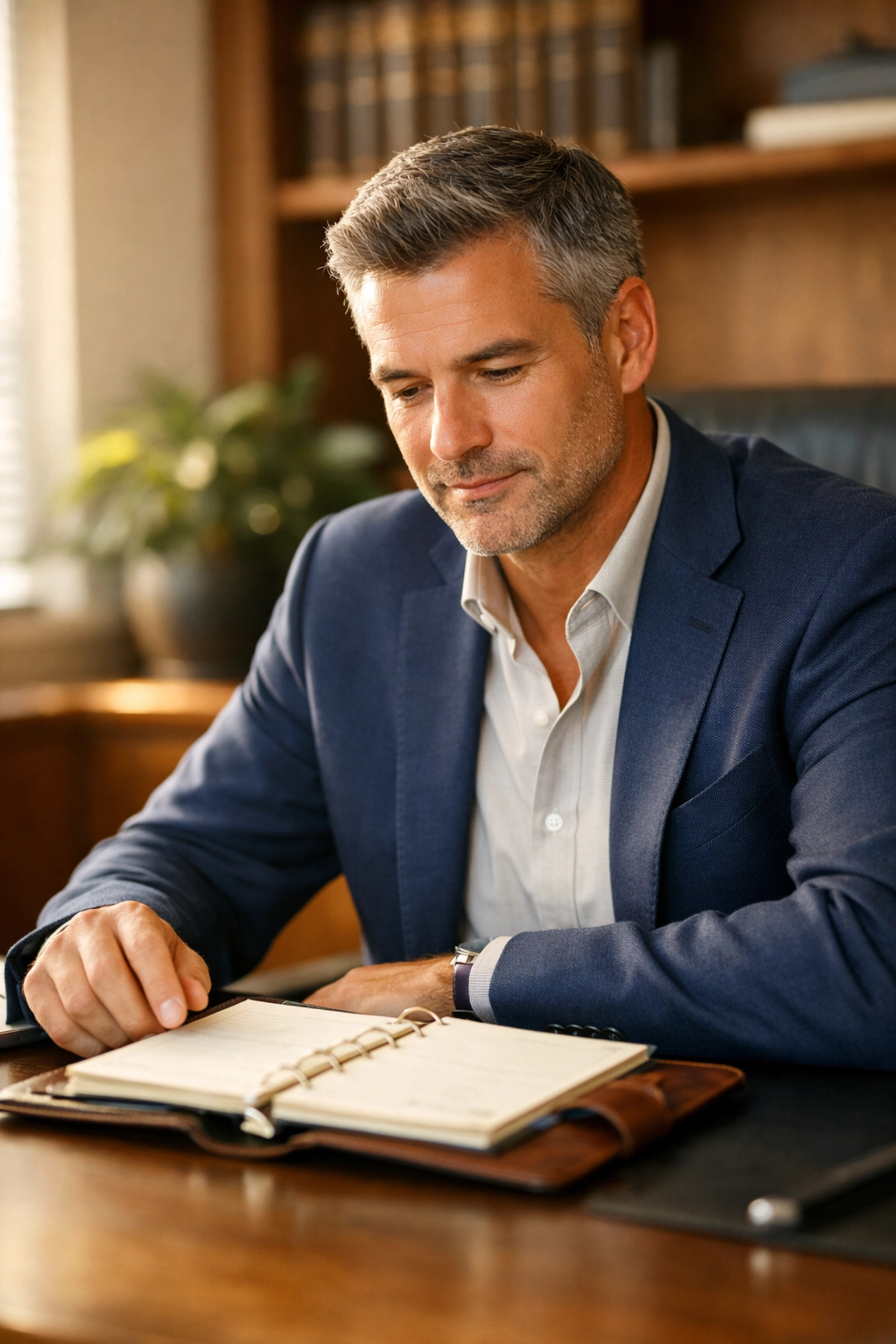 Business executive tracking the 120-day deadline for Top Hat Plan compliance in a professional office setting.