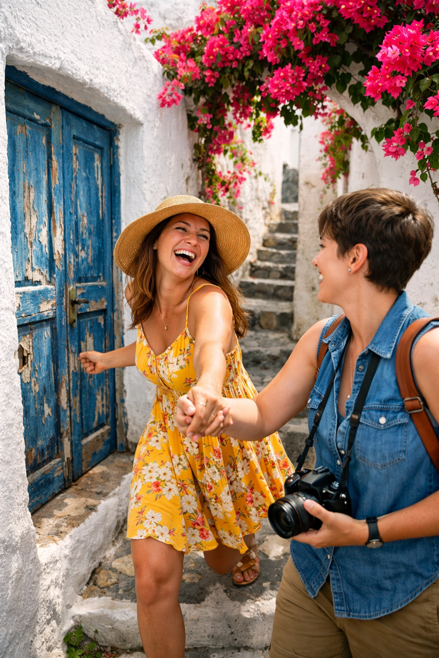 Lesbian couple exploring a charming alley with pink flowers and blue doors in Pyrgos, Santorini.