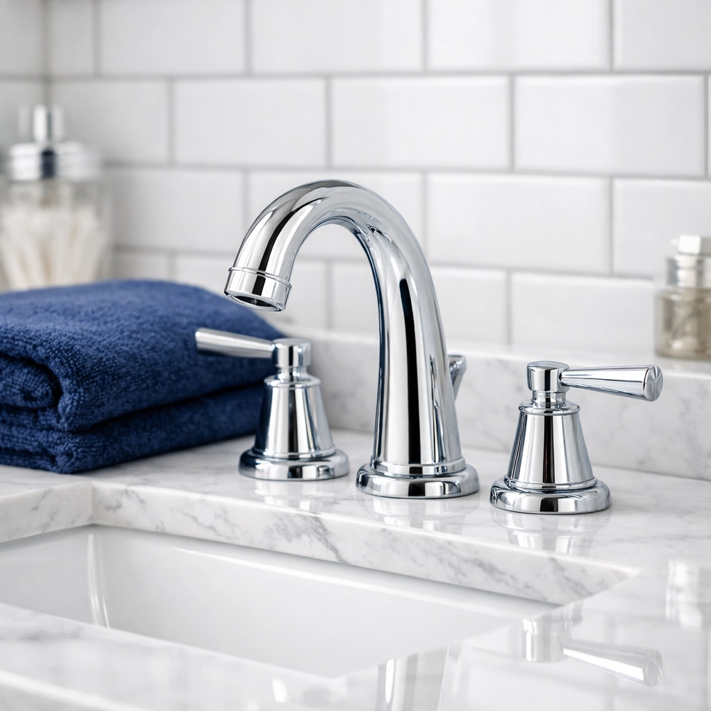 A pristine bathroom vanity with polished chrome fixtures after a deep Boston apartment move-out cleaning.