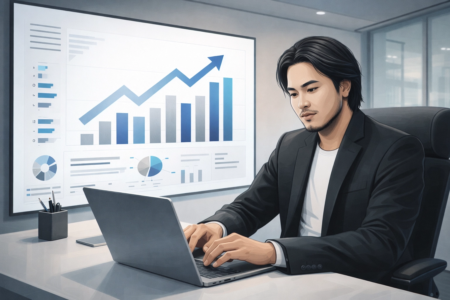 Simon Leung reviewing SEO performance metrics on a laptop with an analytics dashboard on a large display