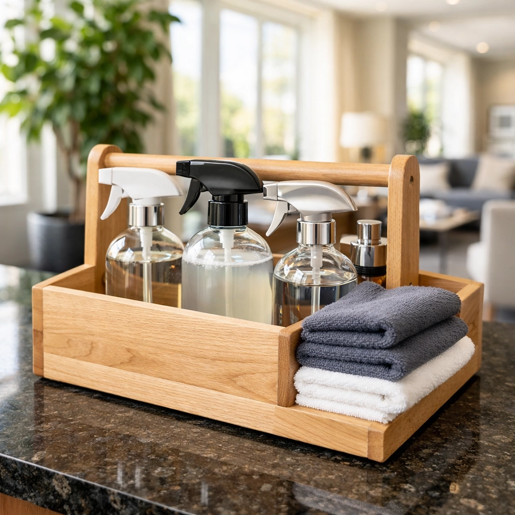 Professional cleaning kit with eco-friendly supplies on a marble counter in a high-end Indianapolis office.