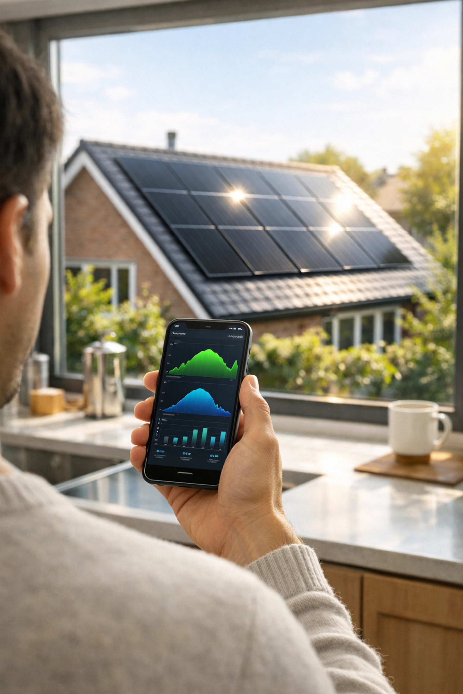 Homeowner monitoring energy yield from black solar panels via a smartphone app in a modern UK kitchen.