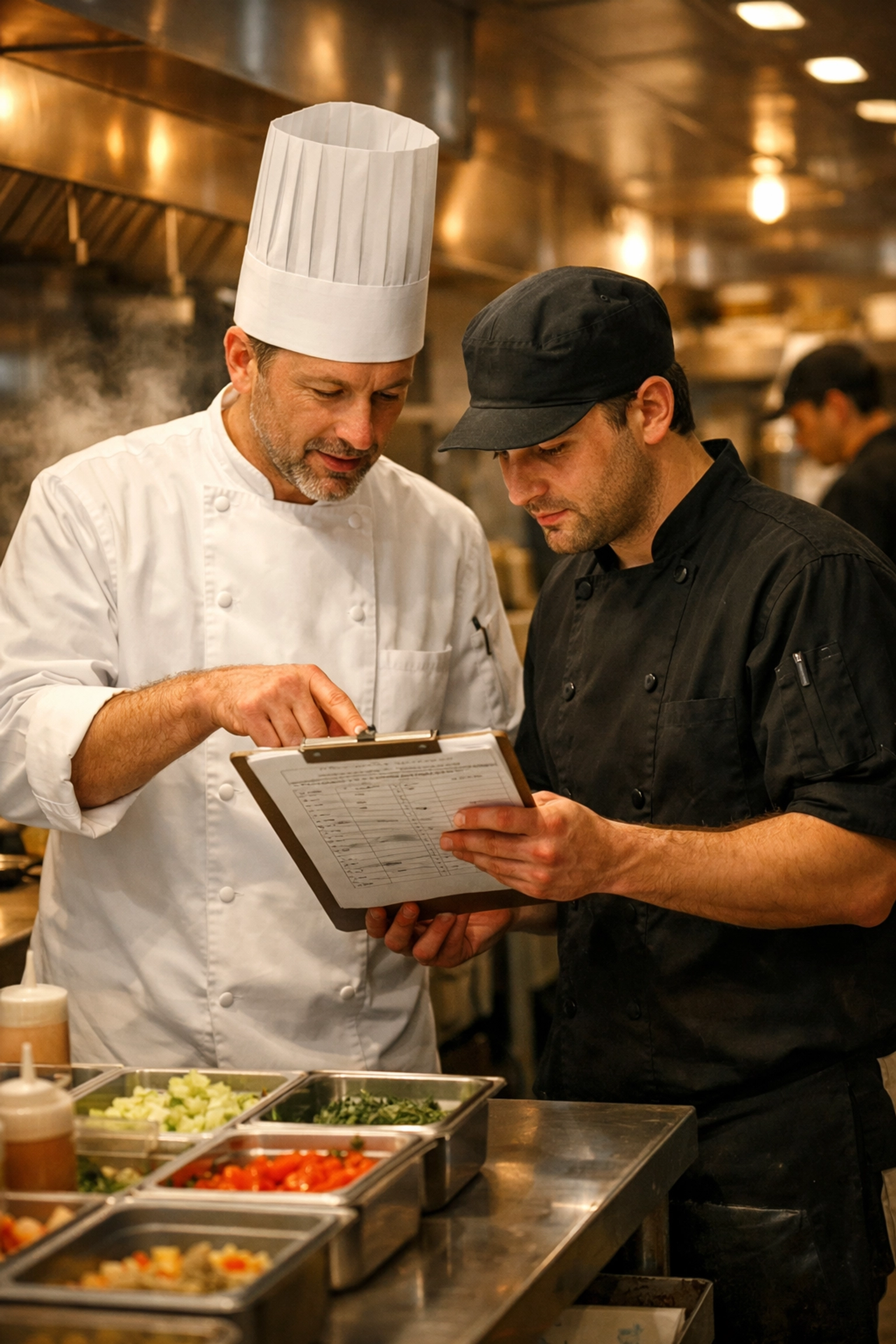 Restaurant kitchen staff reviewing prep schedules to optimize labor costs