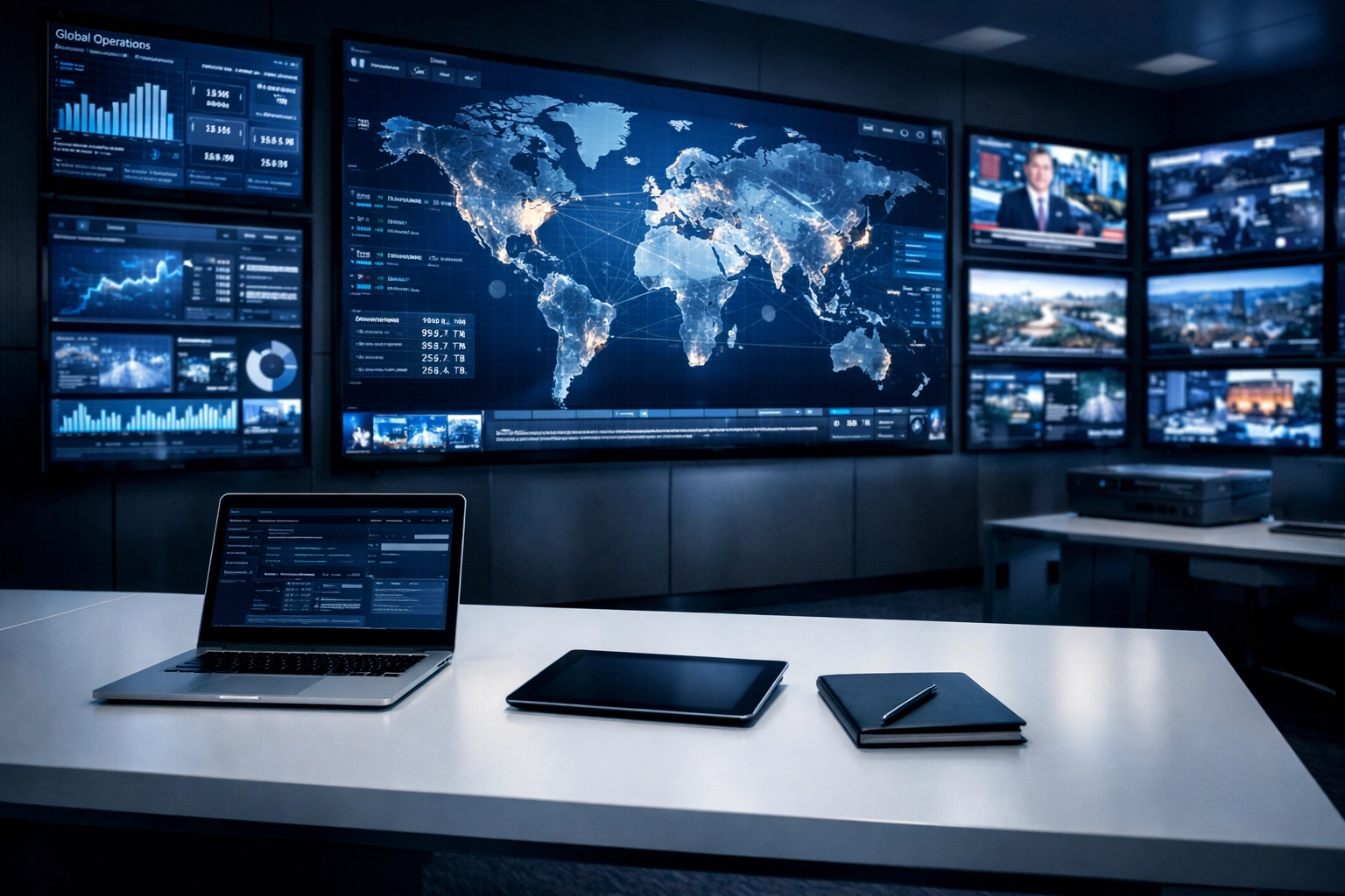 Modern operations center tracking global media analytics for Dakdan Worldwide's 11AM innovation cycle.