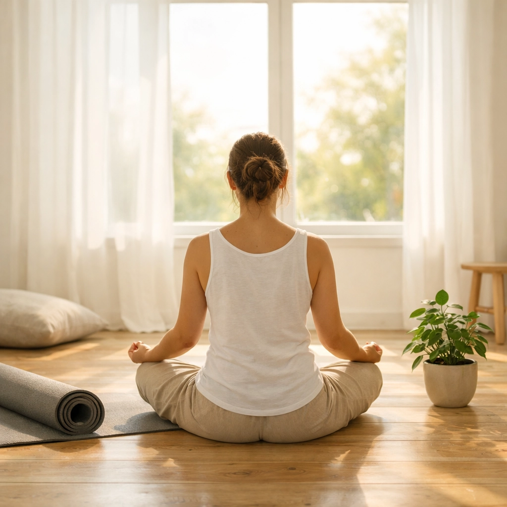 Woman meditating in natural sunlight for mental health healing and wellness