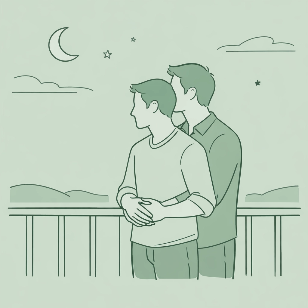 Two men embracing on a balcony, depicting the deep emotional bond of aromantic partnerships in gay literature.