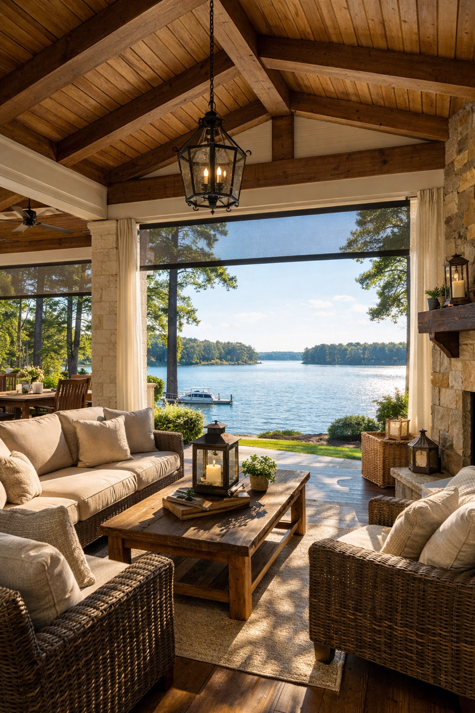 Covered outdoor living space with lake views at Lake Murray custom home
