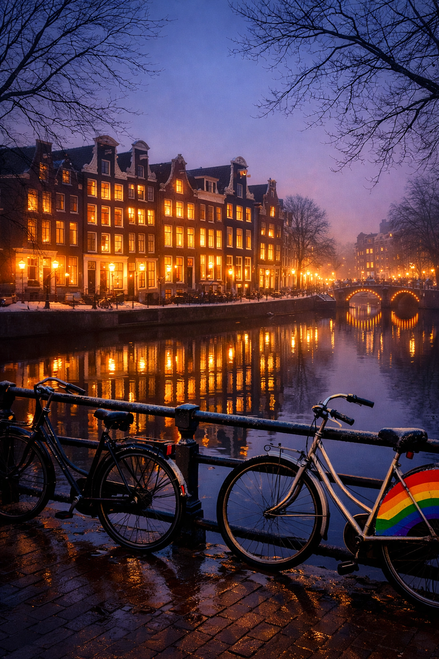 Amsterdam canal houses illuminated at twilight with reflections in water during winter