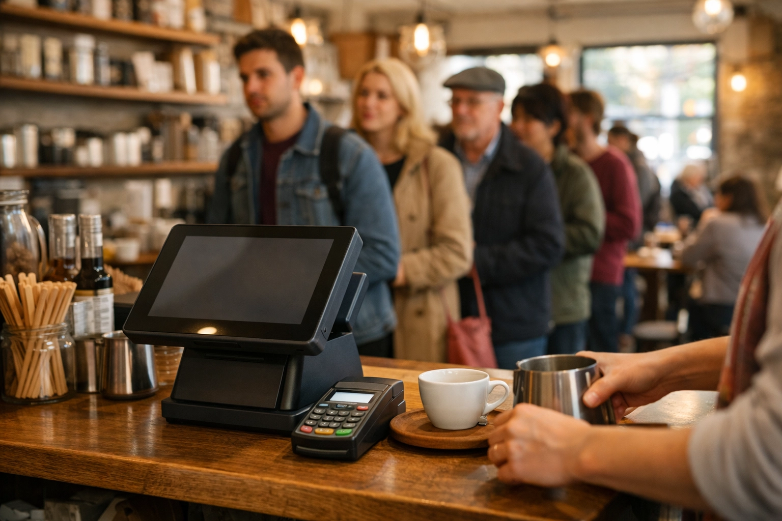 POS system in busy UK coffee shop with customers at counter