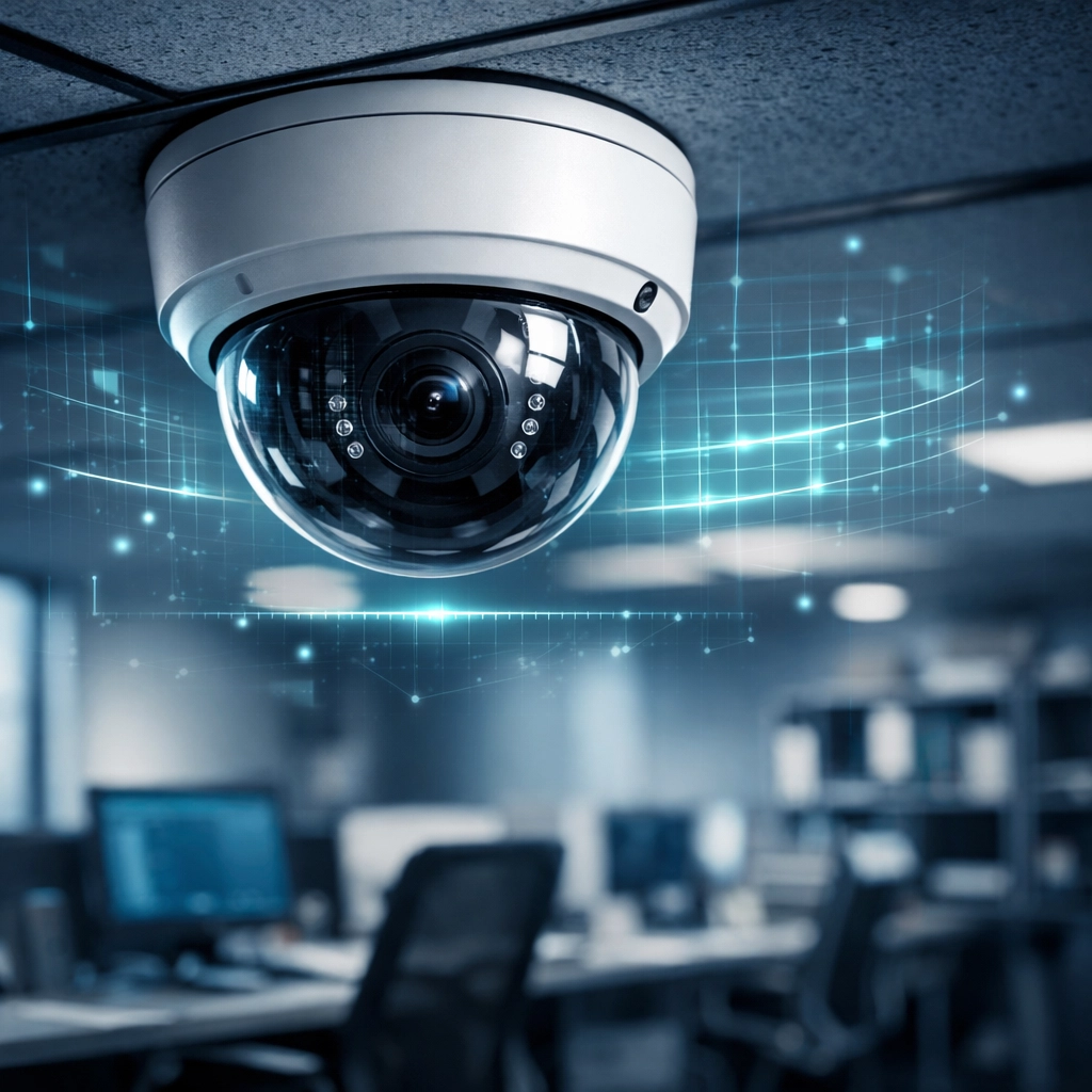 Advanced dome surveillance camera in a small business office integrating physical and digital IT security.