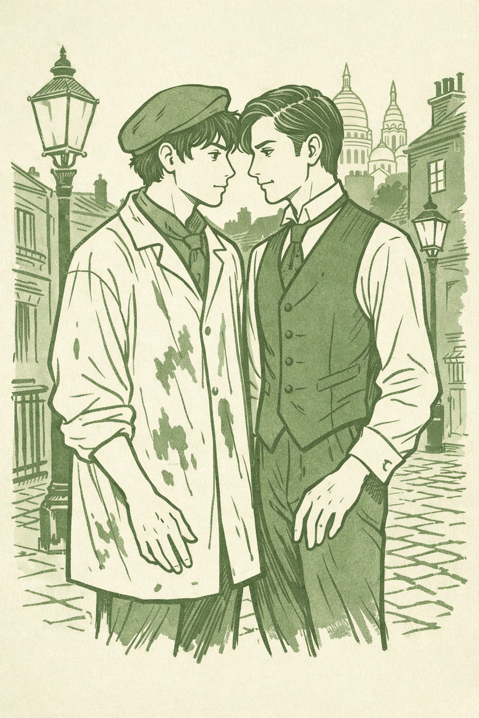 Two step-brothers in Belle Époque Paris share forbidden moment on gaslit street - MM historical romance