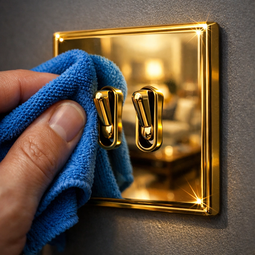 Polishing a brass light switch with a microfiber cloth to disinfect high-touch areas.