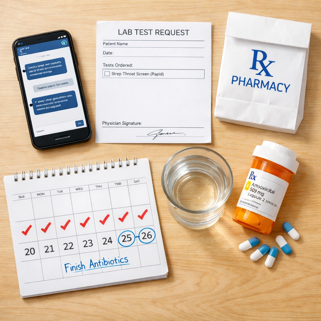 Overhead view of strep throat treatment essentials including prescription antibiotics and phone