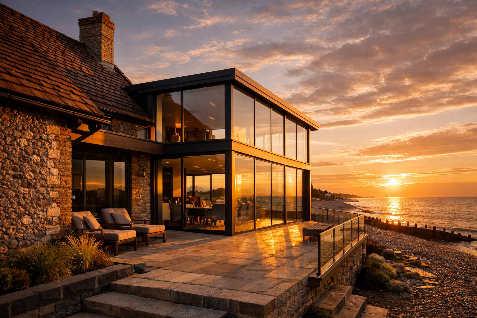 Modern coastal home renovation in Bognor Regis with traditional flint-work and glass architecture.