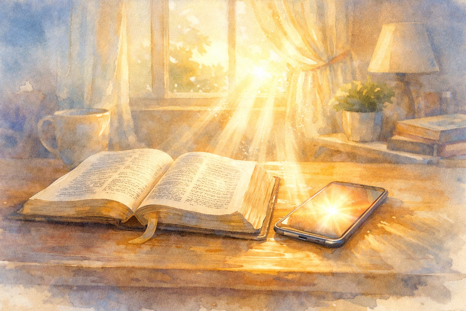 Bible and smartphone on desk symbolizing Christian digital stewardship and faith-based technology use