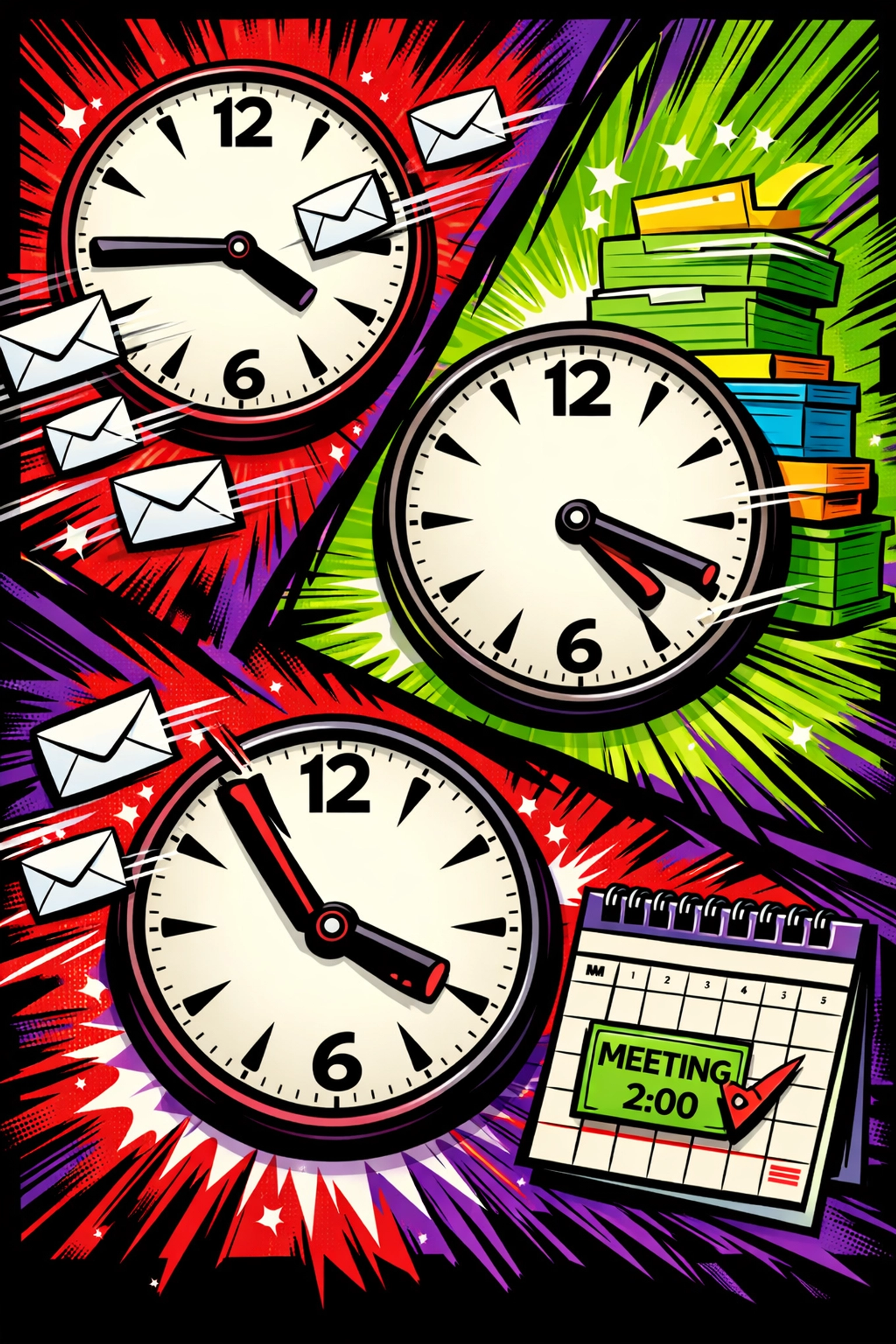 Three clocks showing automated customer support and tasks running at 2:45 PM, 3:18 PM, and 3:52 PM