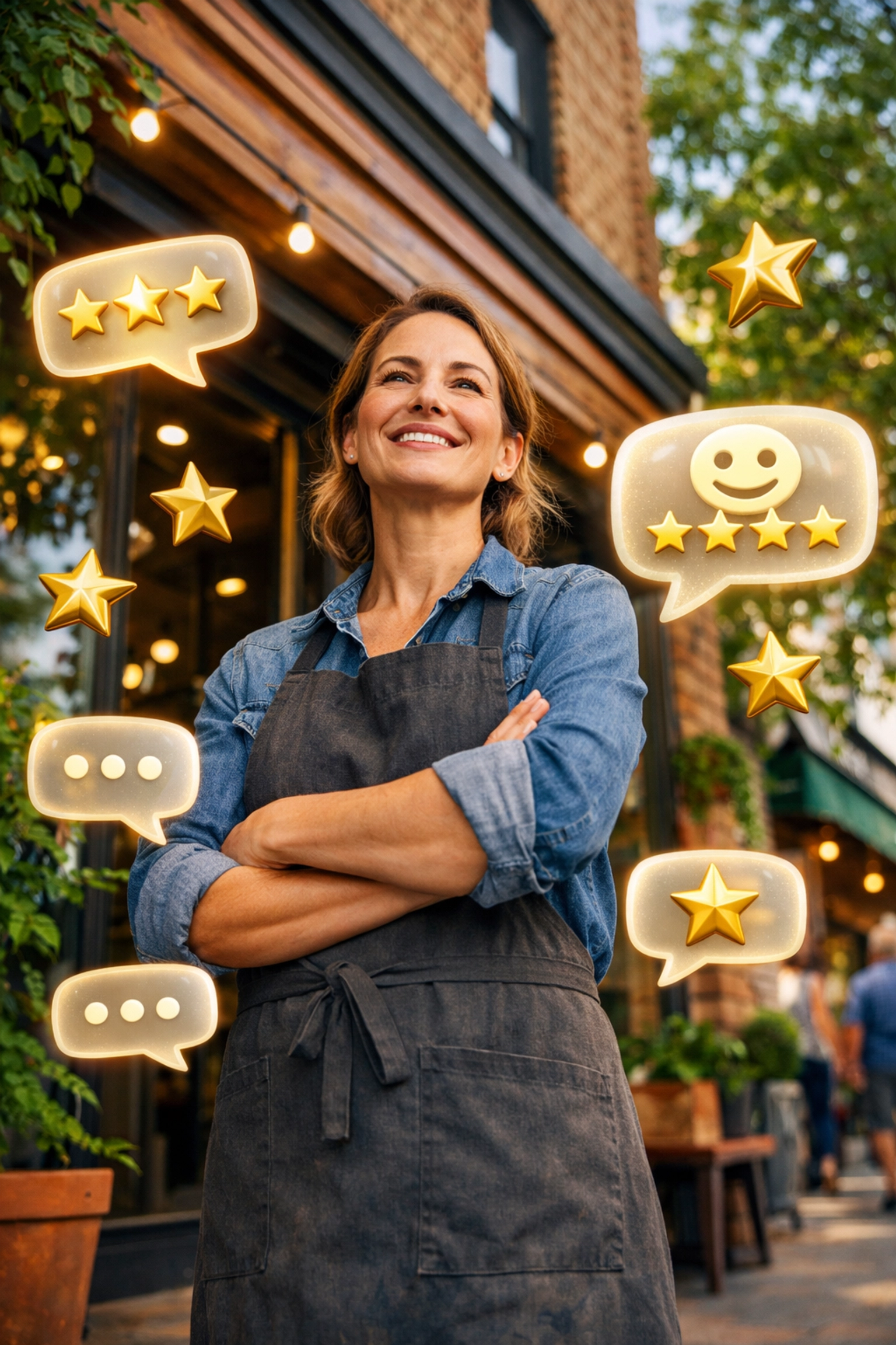 Local business owner with review bubbles highlighting the need for website redesign services.