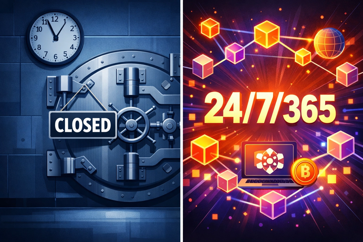 24/7 blockchain payment availability versus traditional closed banking hours comparison