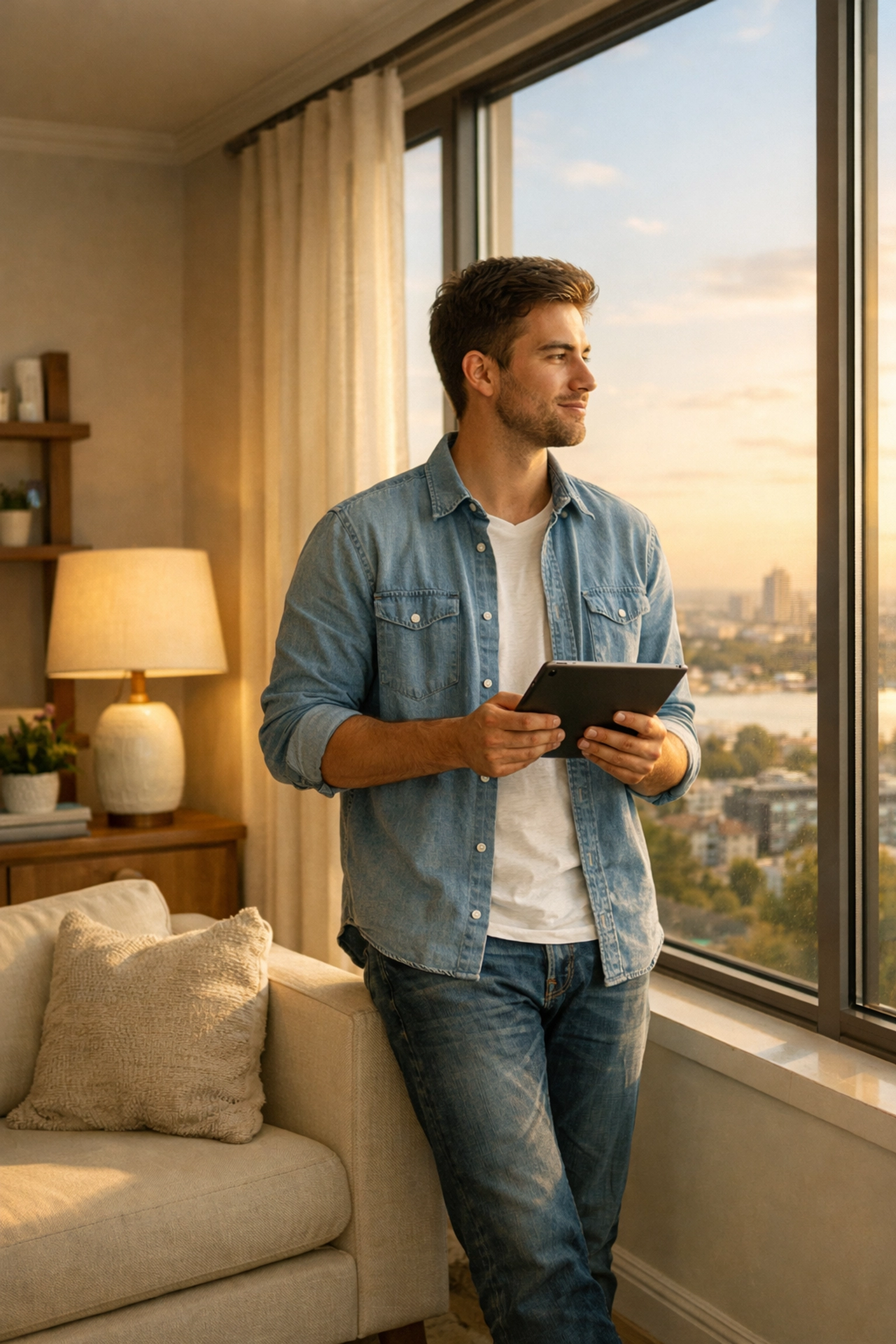 Man reviewing debt consolidation Canada options on a tablet in a modern living room.