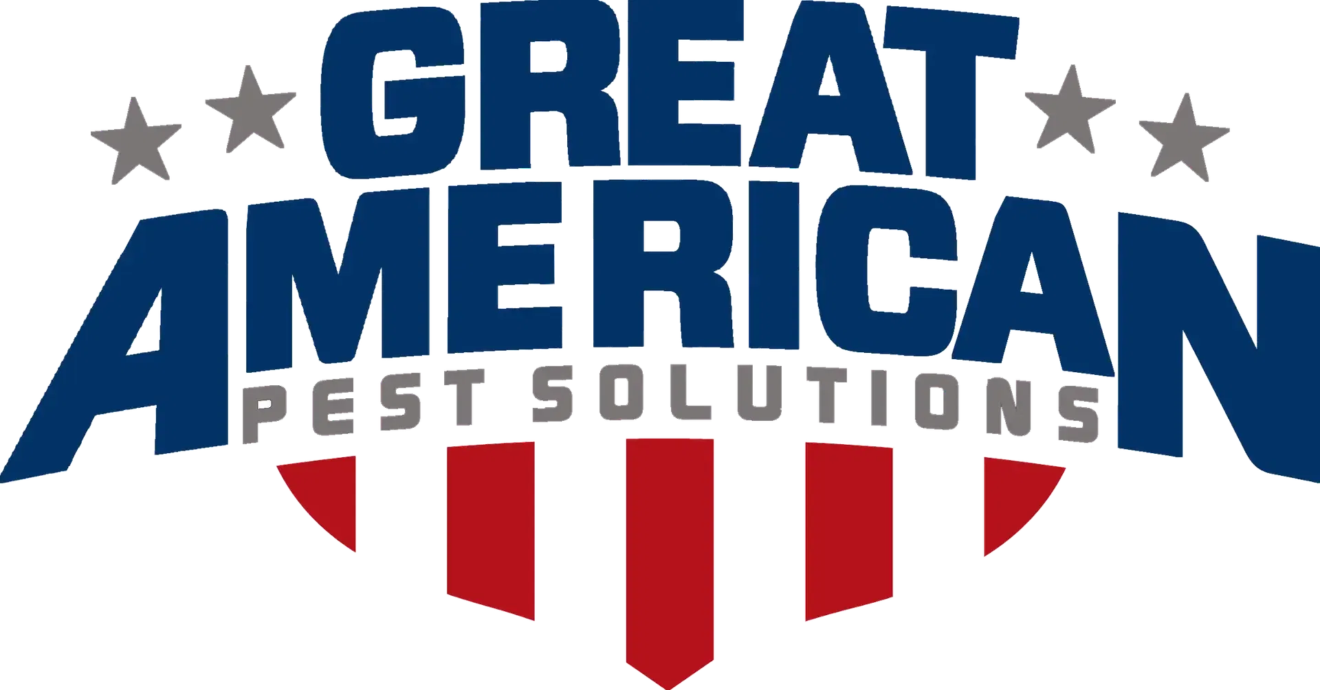 The Great American Pest Solutions logo features bold blue and gray block letters and four gray stars, with five red shield-like stripes beneath, representing professional pest control services with an American theme.