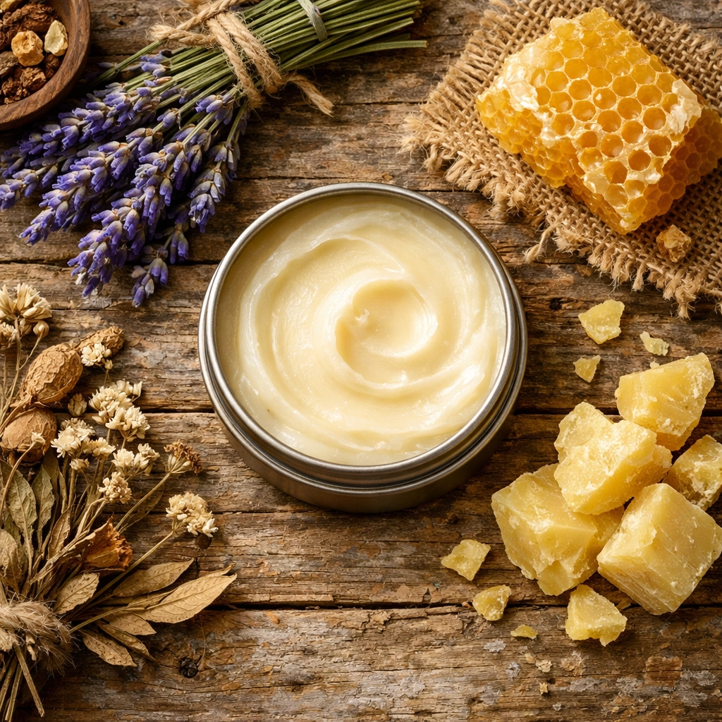 Grass-fed tallow balm with natural ingredients like lavender, honey, and beeswax for eczema