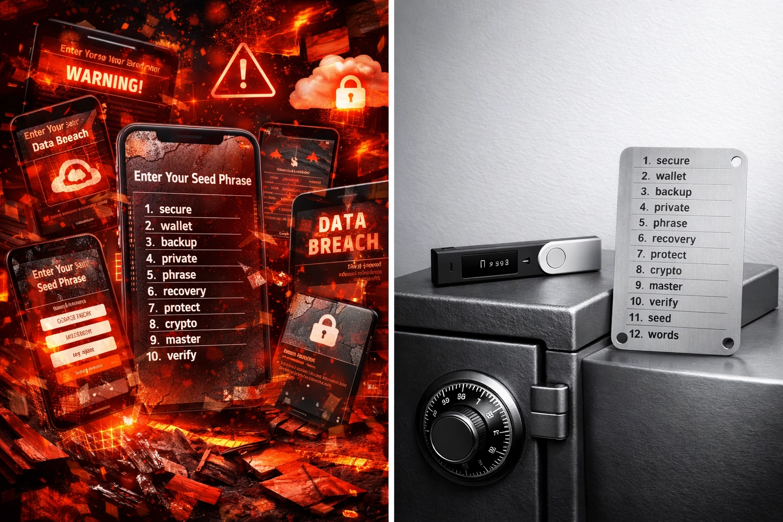 Comparison of insecure digital key storage versus secure hardware wallet and physical backup solution