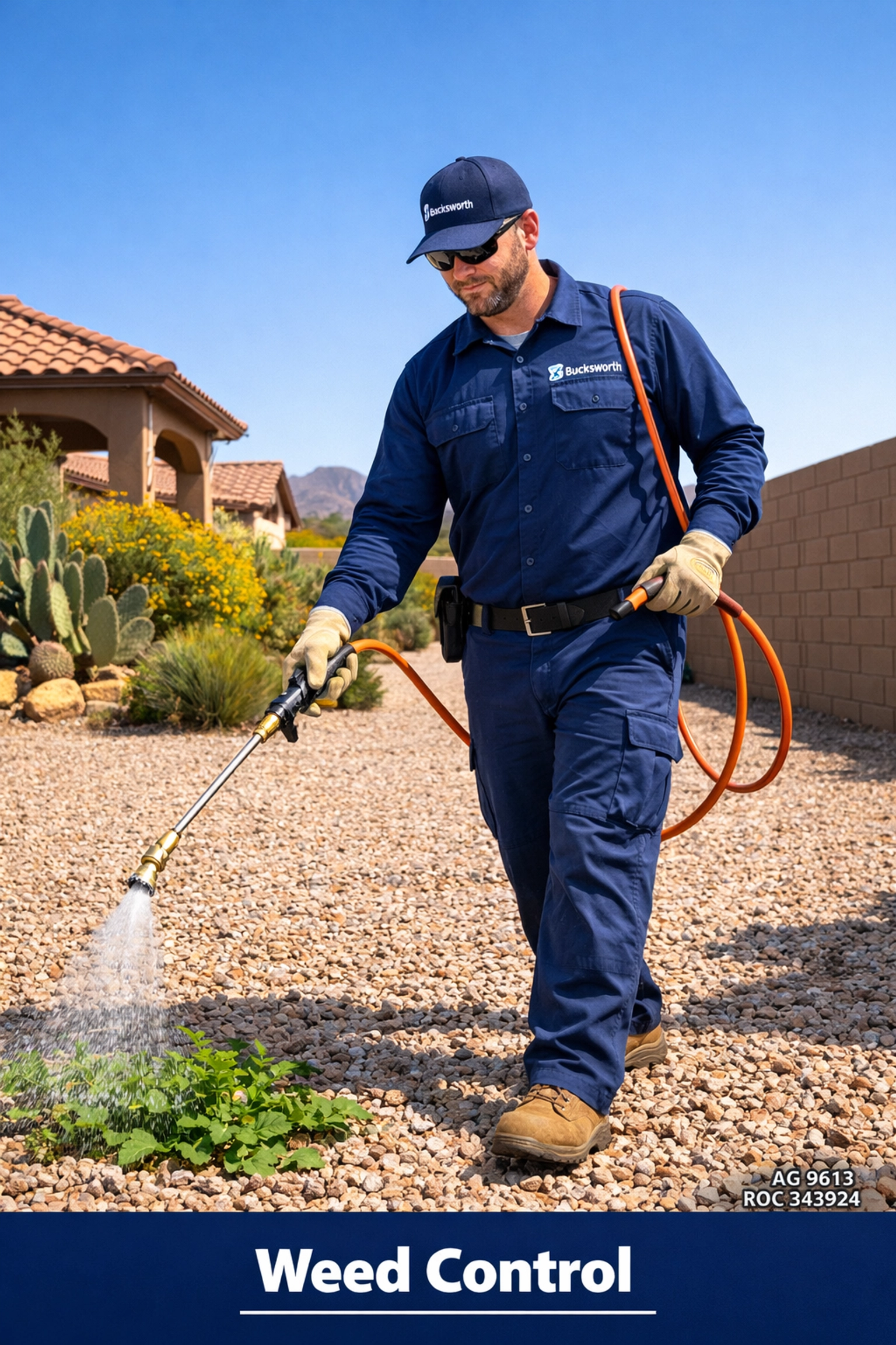 Bucksworth technician performing professional weed control in a residential Peoria, Arizona desert yard.