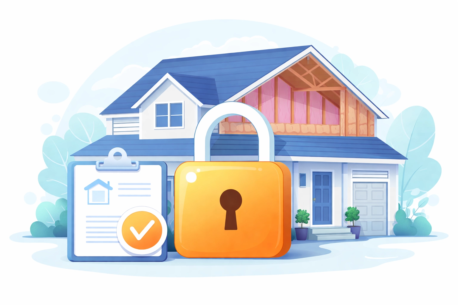 House with loft insulation and secure padlock icon, representing mortgage and home insulation security