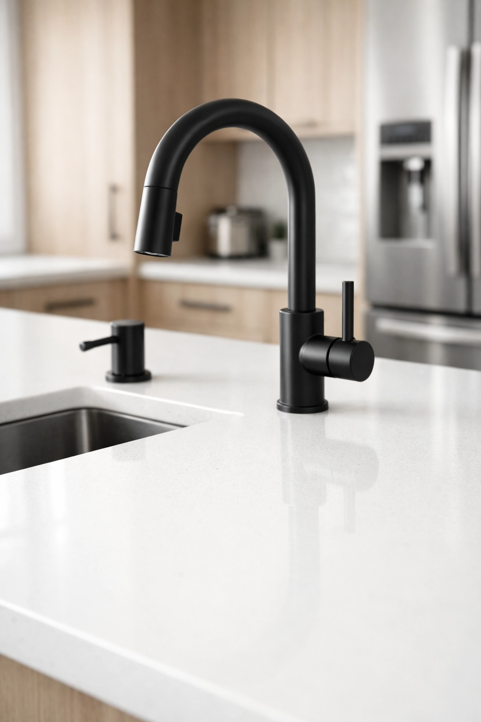 Sparkling clean kitchen island with quartz countertops after a professional move-out deep clean.