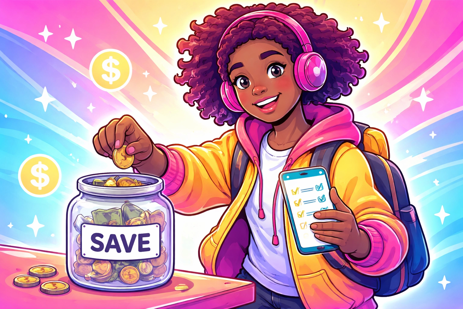 Cartoon-style graphic: minority teen saving money in a jar and tracking goals (TBCC pink-yellow-blue palette)